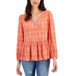 Style & Co Coral Printed Peplum Blouse XL Boho Long Sleeve V Neck